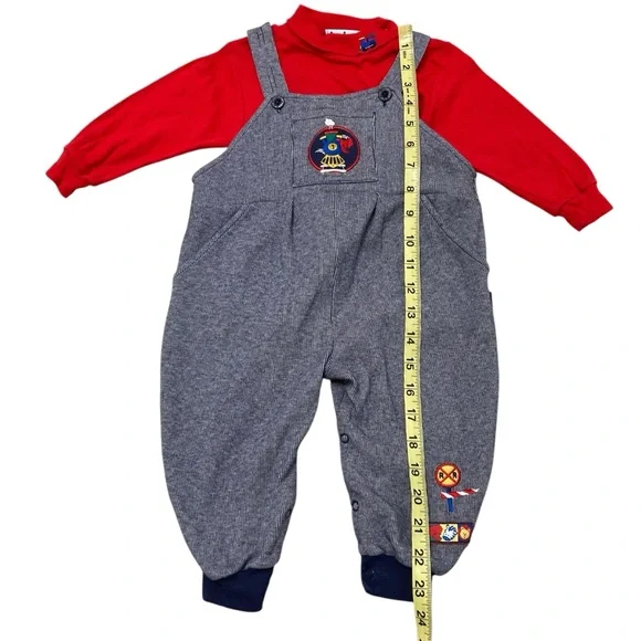 Vintage 90’s Pin Stripe Train Embroidered Overall Set Boys 18M Turtleneck Fall - Picture 8 of 8